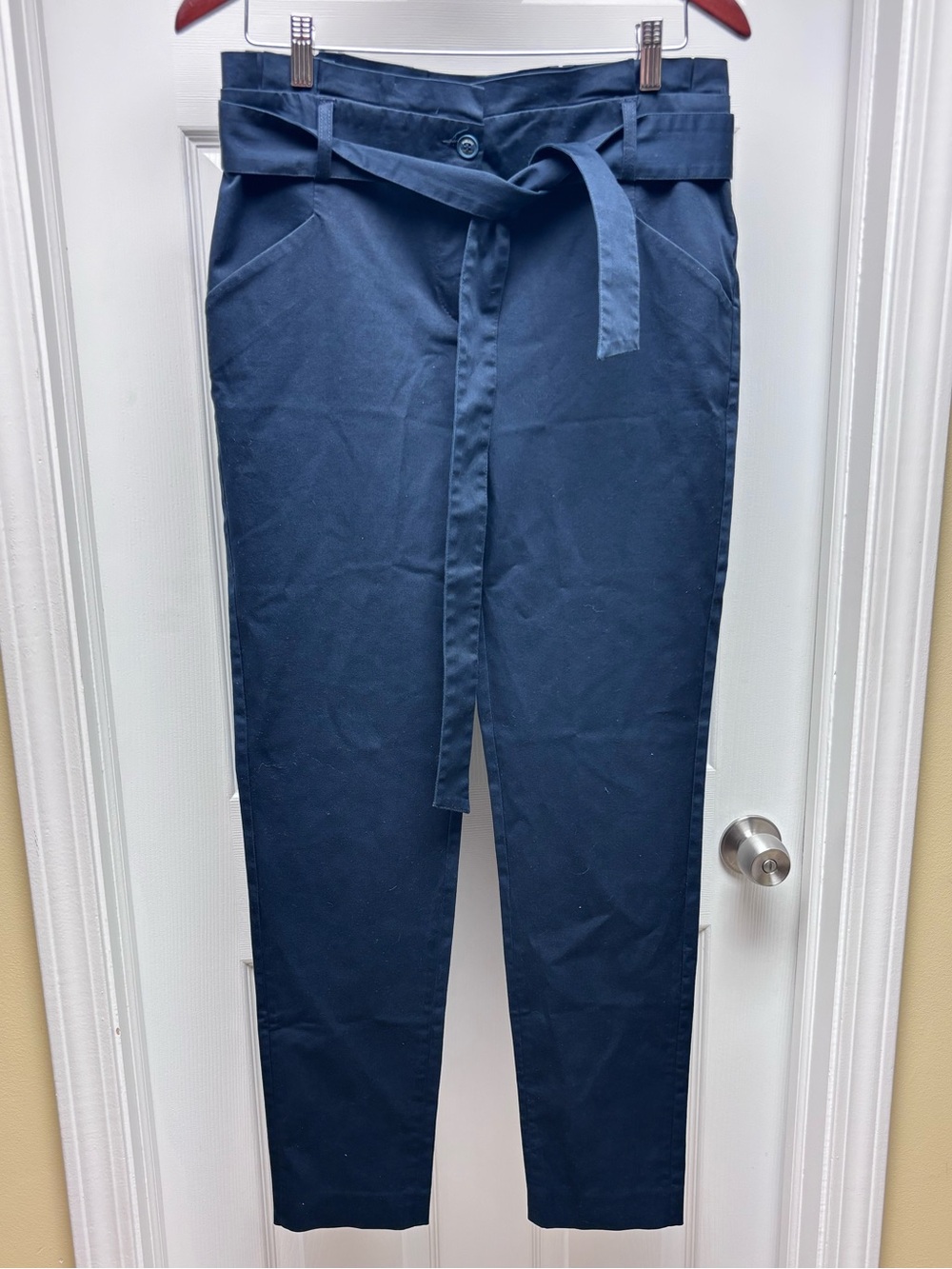 Madeline Navy Belted Dress Pants High Waist Tapered Size 8 Workwear